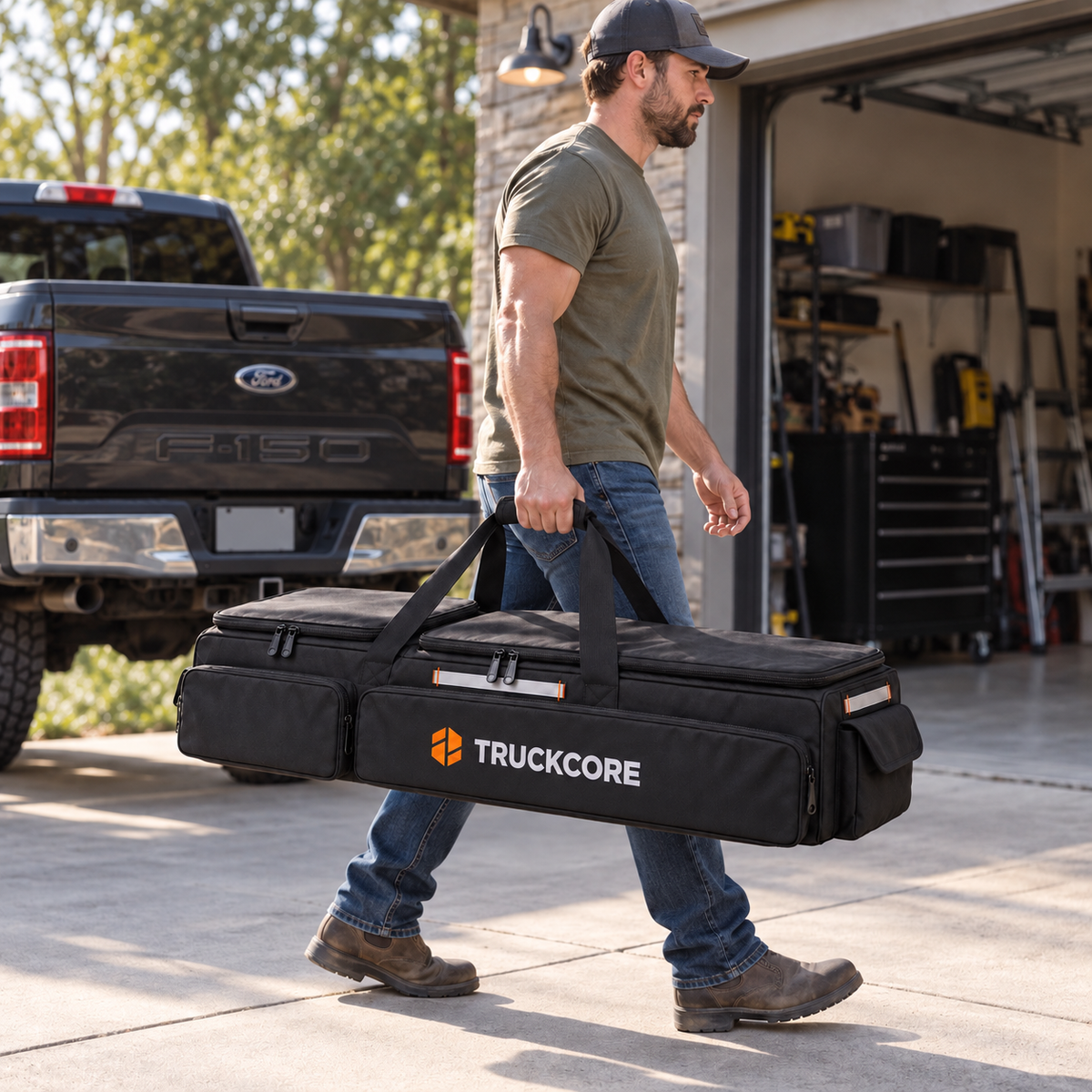 TruckCore organizer installed under the rear seat of a pickup truck