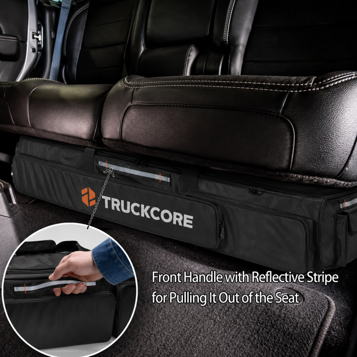 Black storage bag with 'TRUCKCORE' branding inside a vehicle, showing a front handle with a reflective stripe.